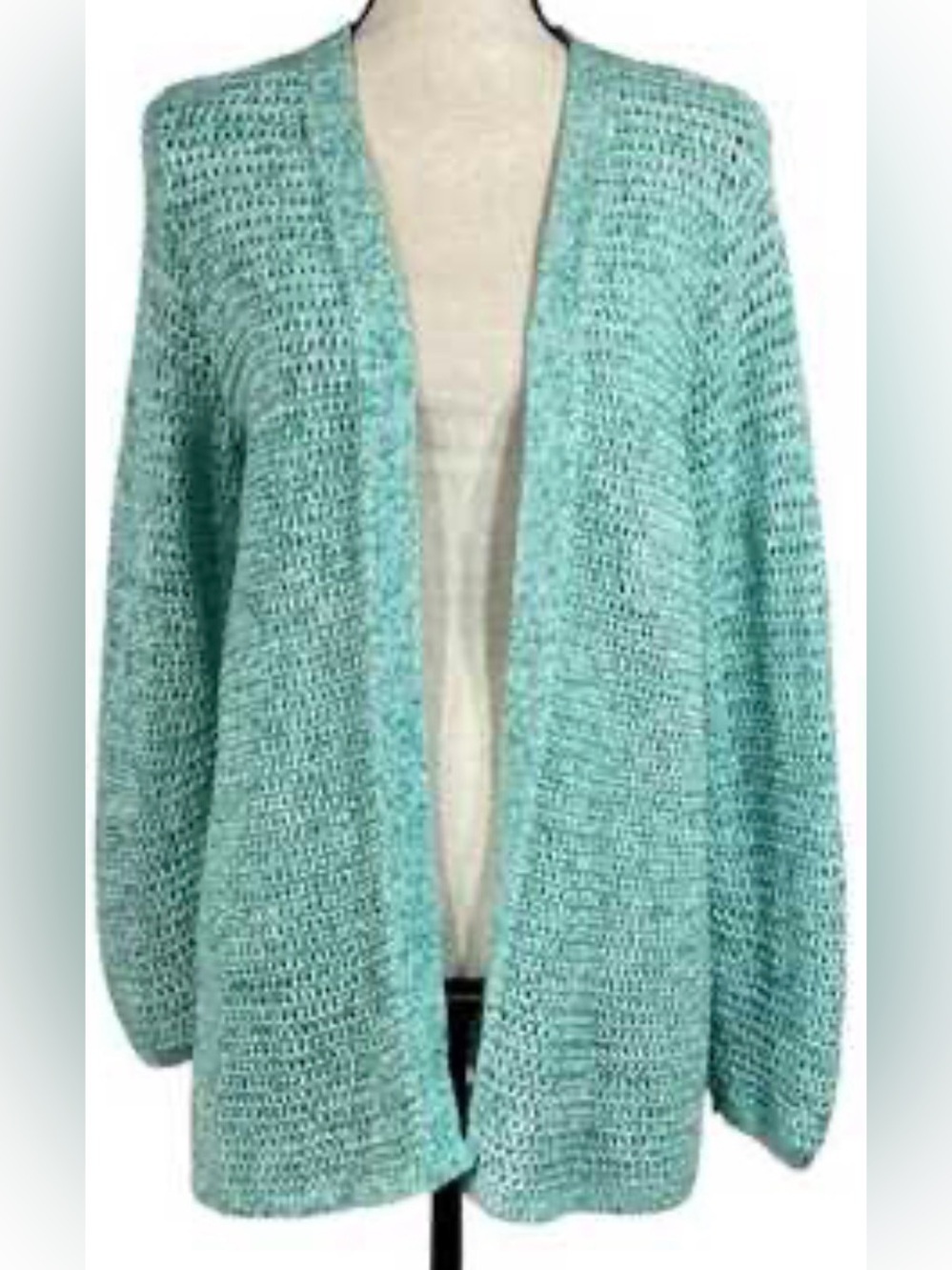 J. Jill Wearever Open Knit Cardigan Sweater Medium NWT Aqua Mint 100% Cotton - Picture 2 of 8